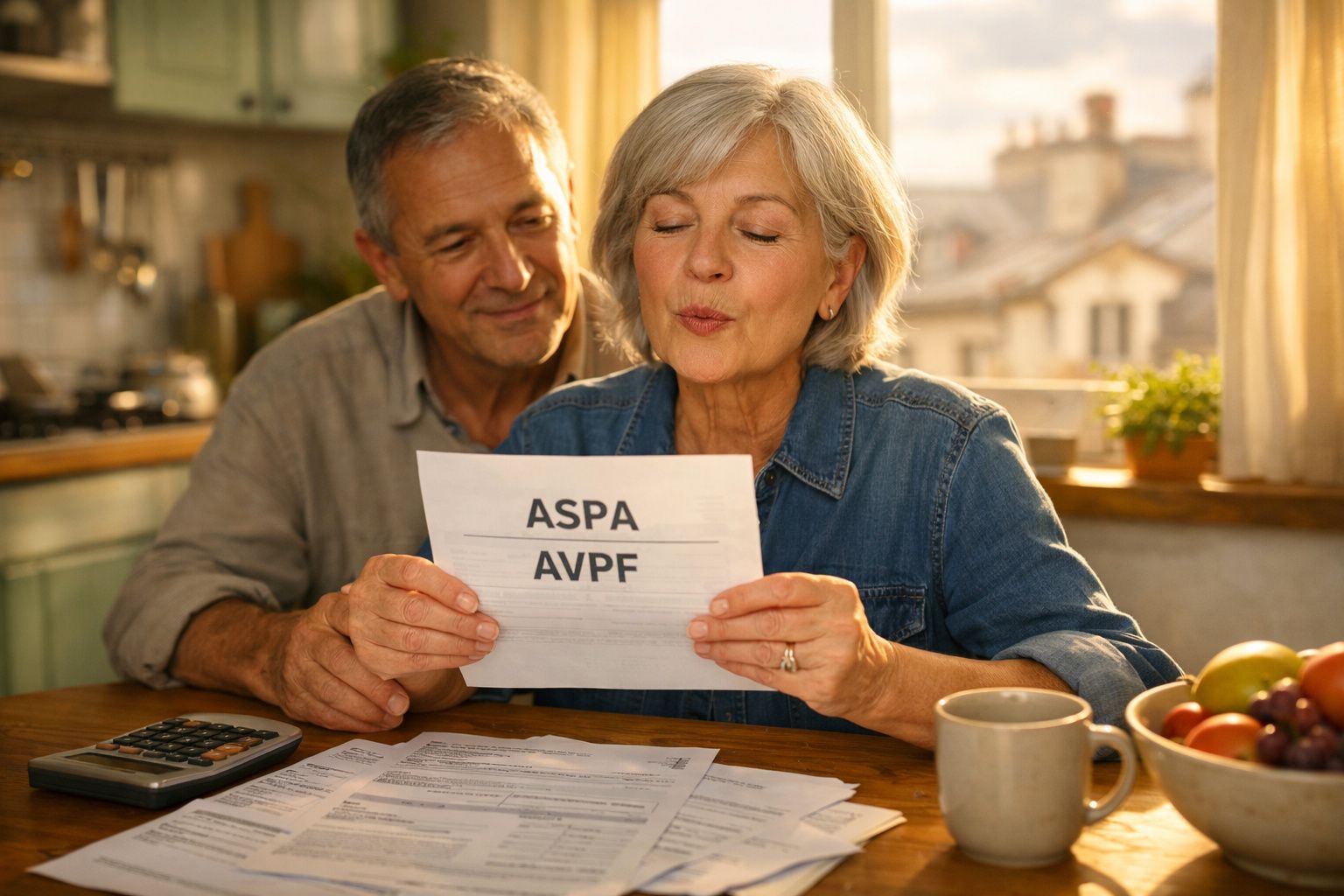 Casal sénior a analisar documentos sentados à mesa de cozinha com luz natural.
