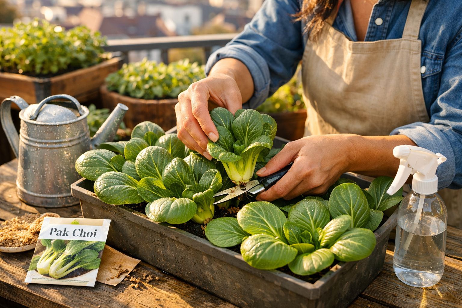 Pessoa a colher Pak Choi num tabuleiro de cultivo com regador e pulverizador ao lado num jardim.