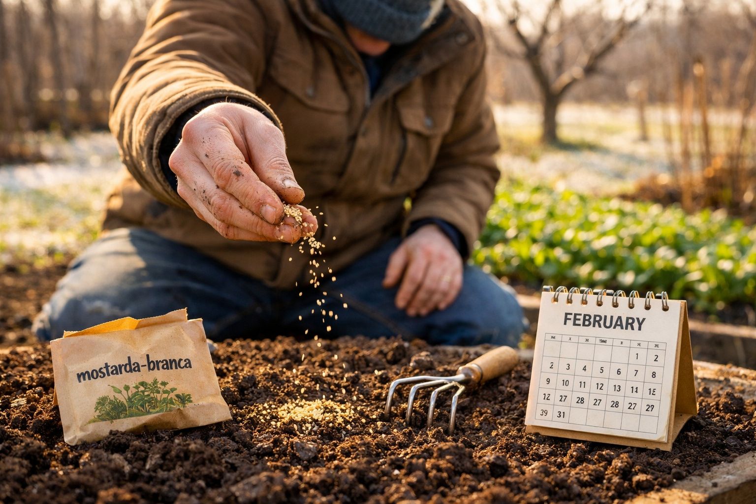 Pessoa a semear sementes de mostarda-branca num solo preparado, com calendário de fevereiro e ferramenta de jardinagem.