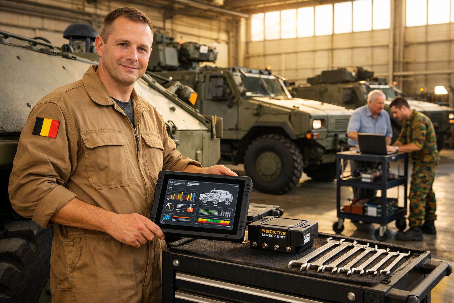 Militar com tablet a mostrar dados técnicos junto a equipamento e viaturas militares num armazém.