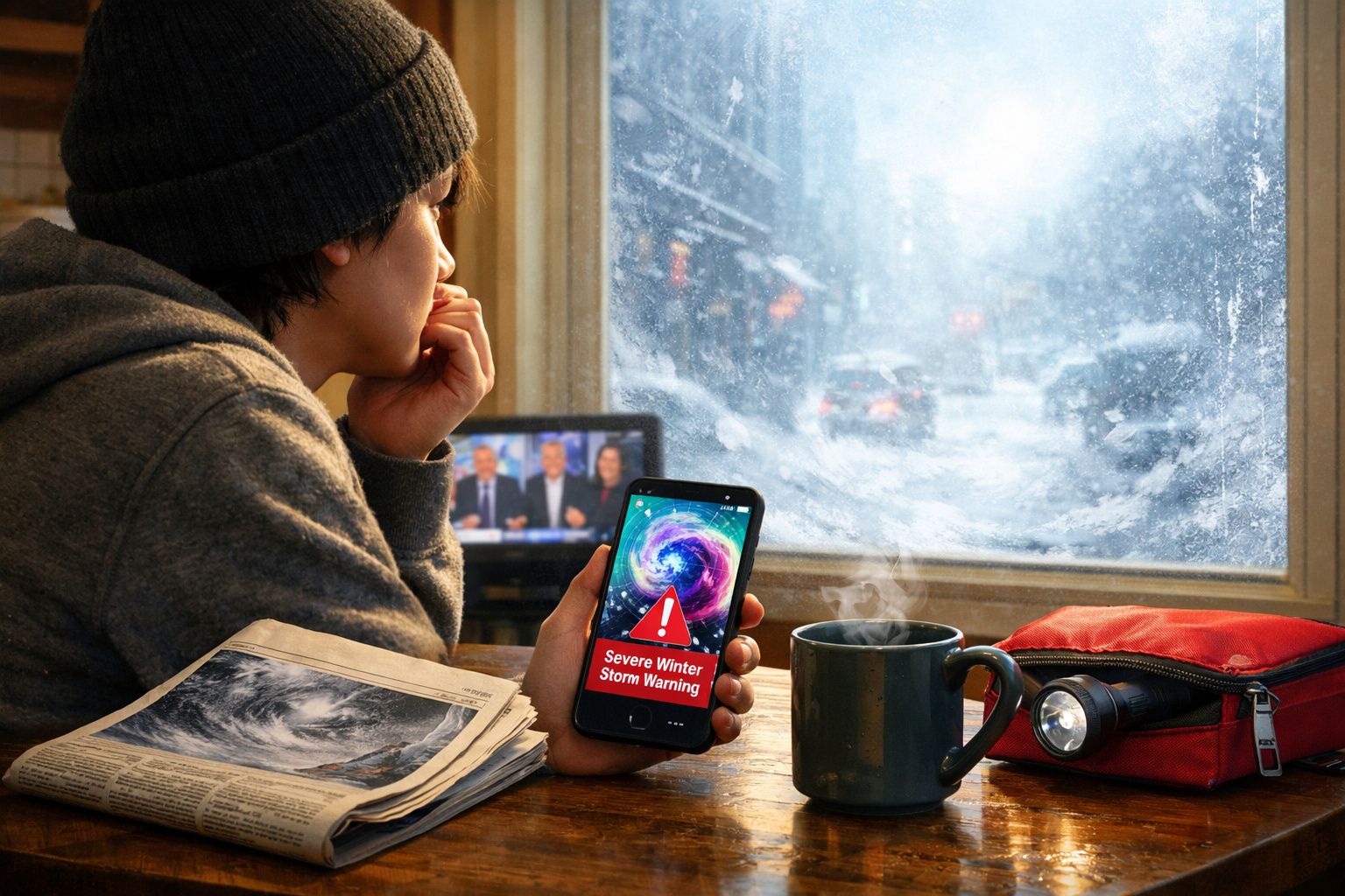 Pessoa vê aviso de tempestade no telemóvel junto a janela com neve, com jornal, chá e lanterna à mesa.