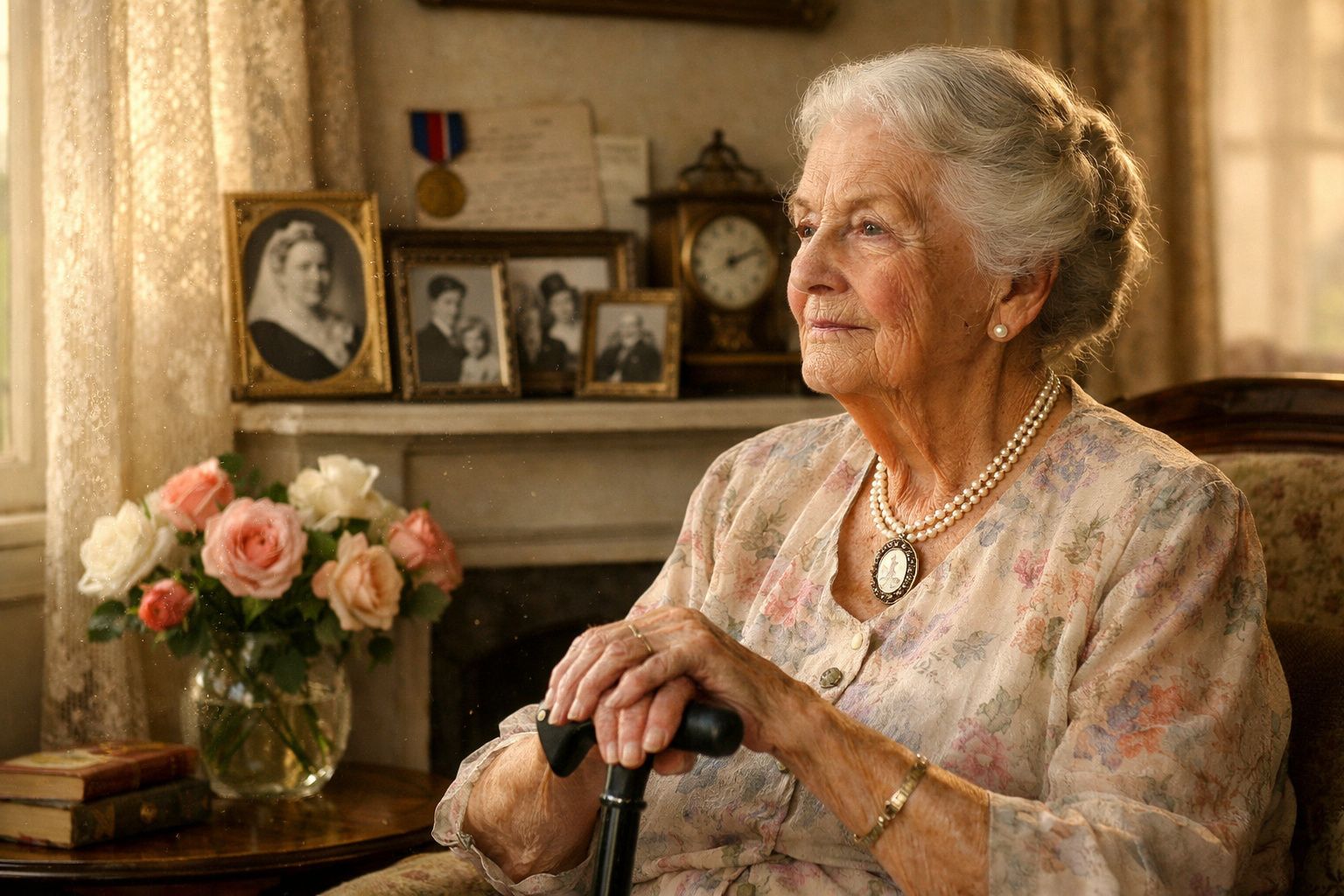 Idosa sentada com vestido floral e colar de pérolas, segurando bengala numa sala com flores e fotografias antigas.
