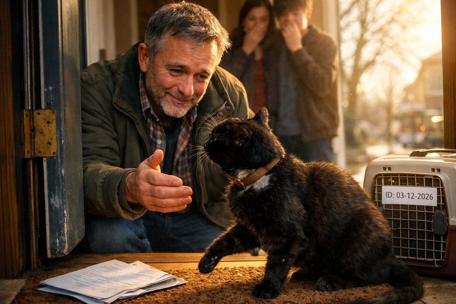 Homem sorridente estende a mão para gato perto de transportadora com etiqueta e pessoa ao fundo.