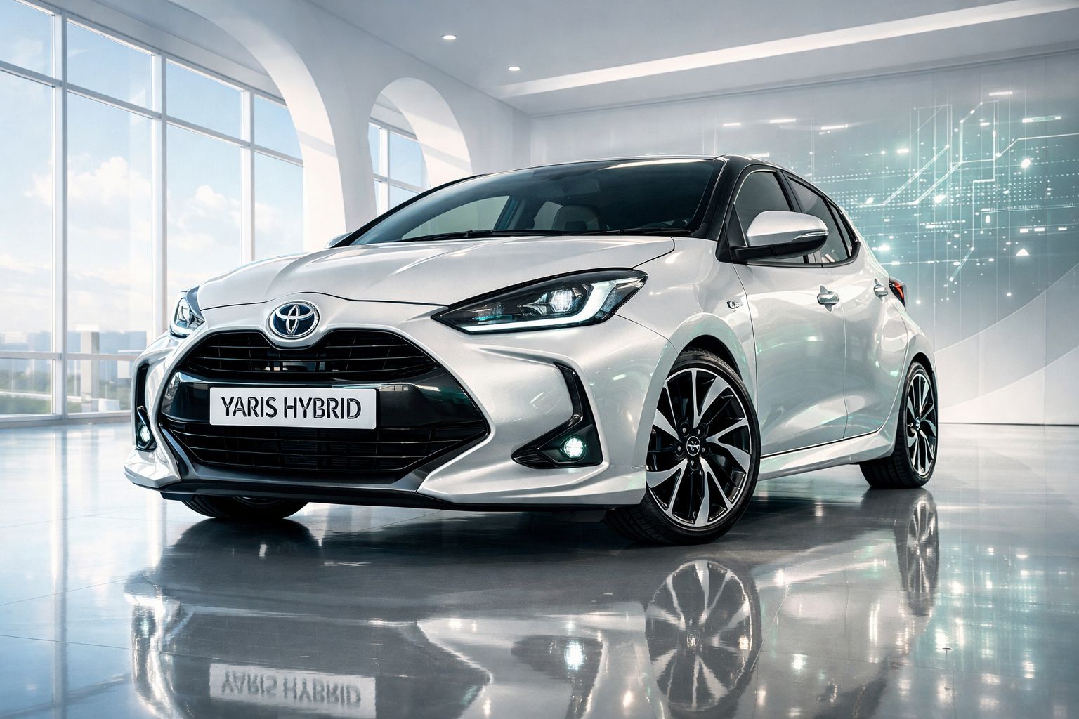 Toyota Yaris Hybrid prateado estacionado em ambiente moderno com grandes janelas e iluminação natural.
