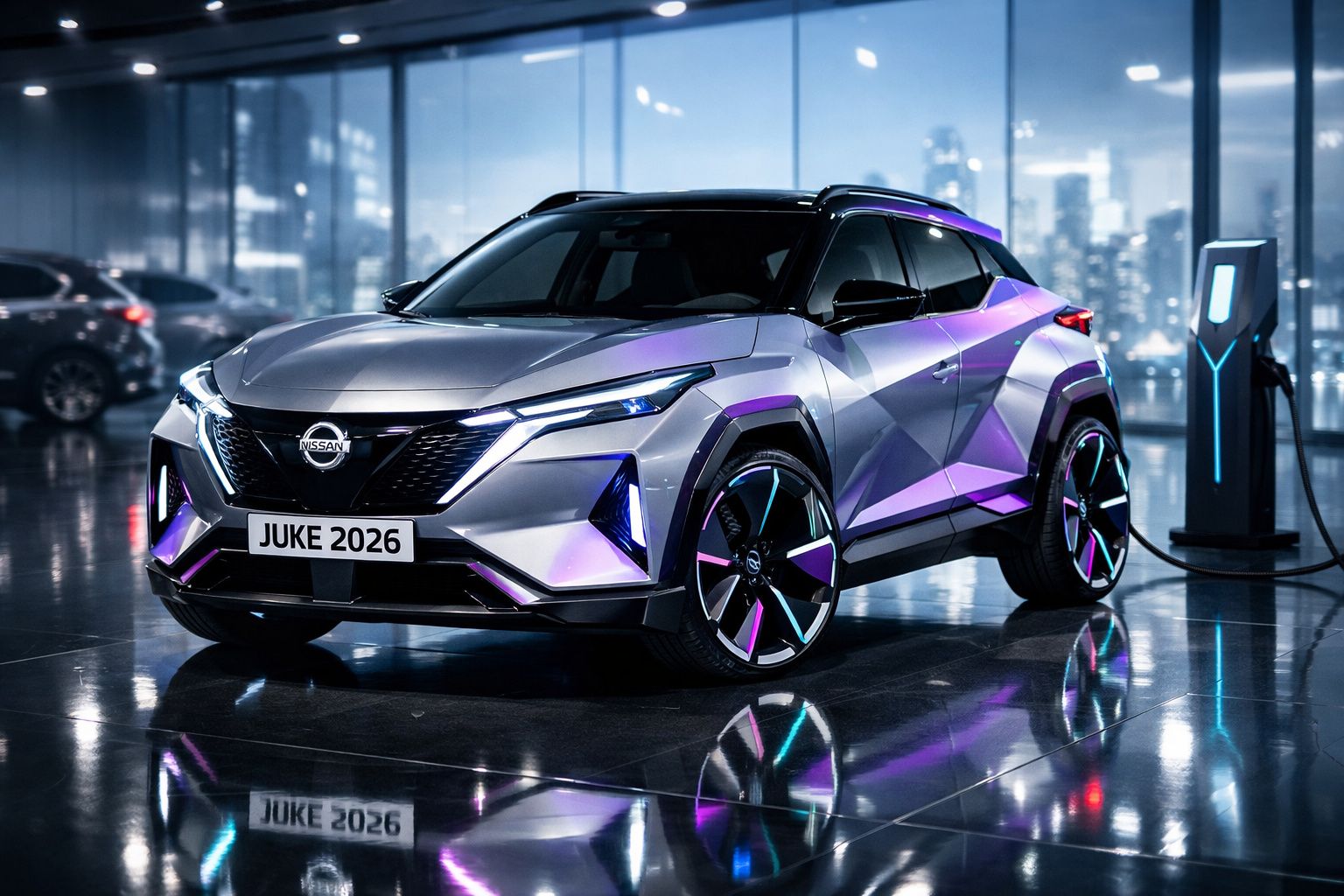Carro elétrico Nissan Juke 2026 cinzento com luzes roxas a carregar numa estação urbana moderna.