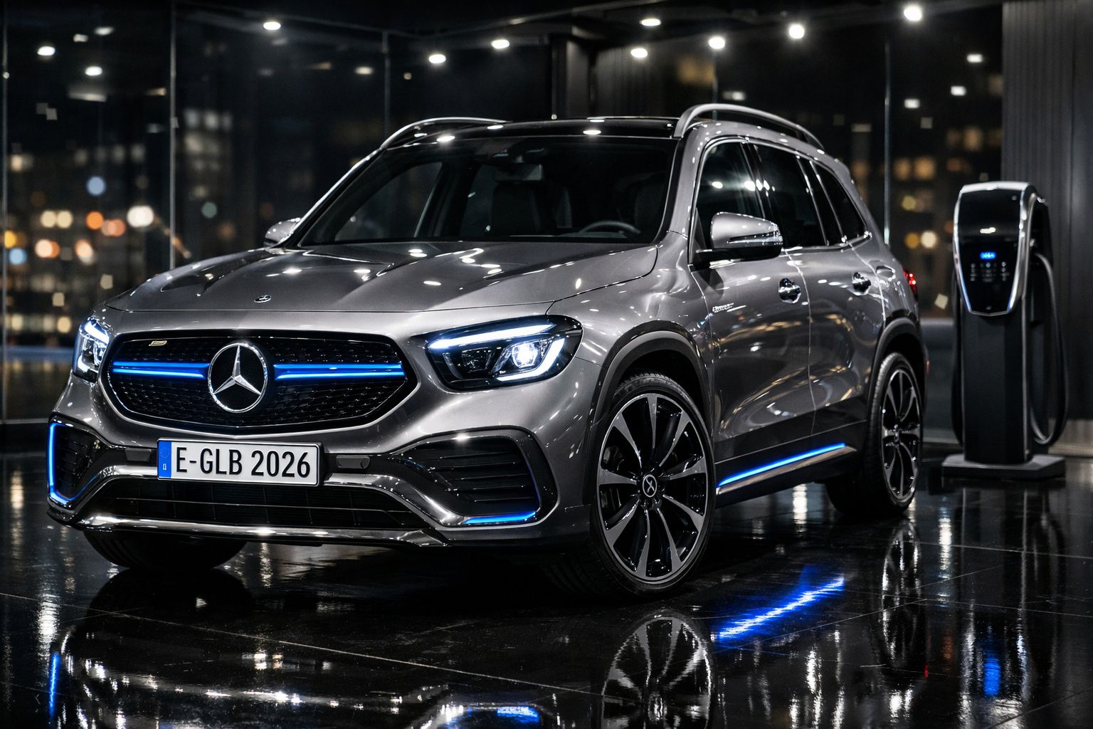 Carro elétrico Mercedes-Benz GLB cinzento estacionado junto a uma estação de carregamento à noite.