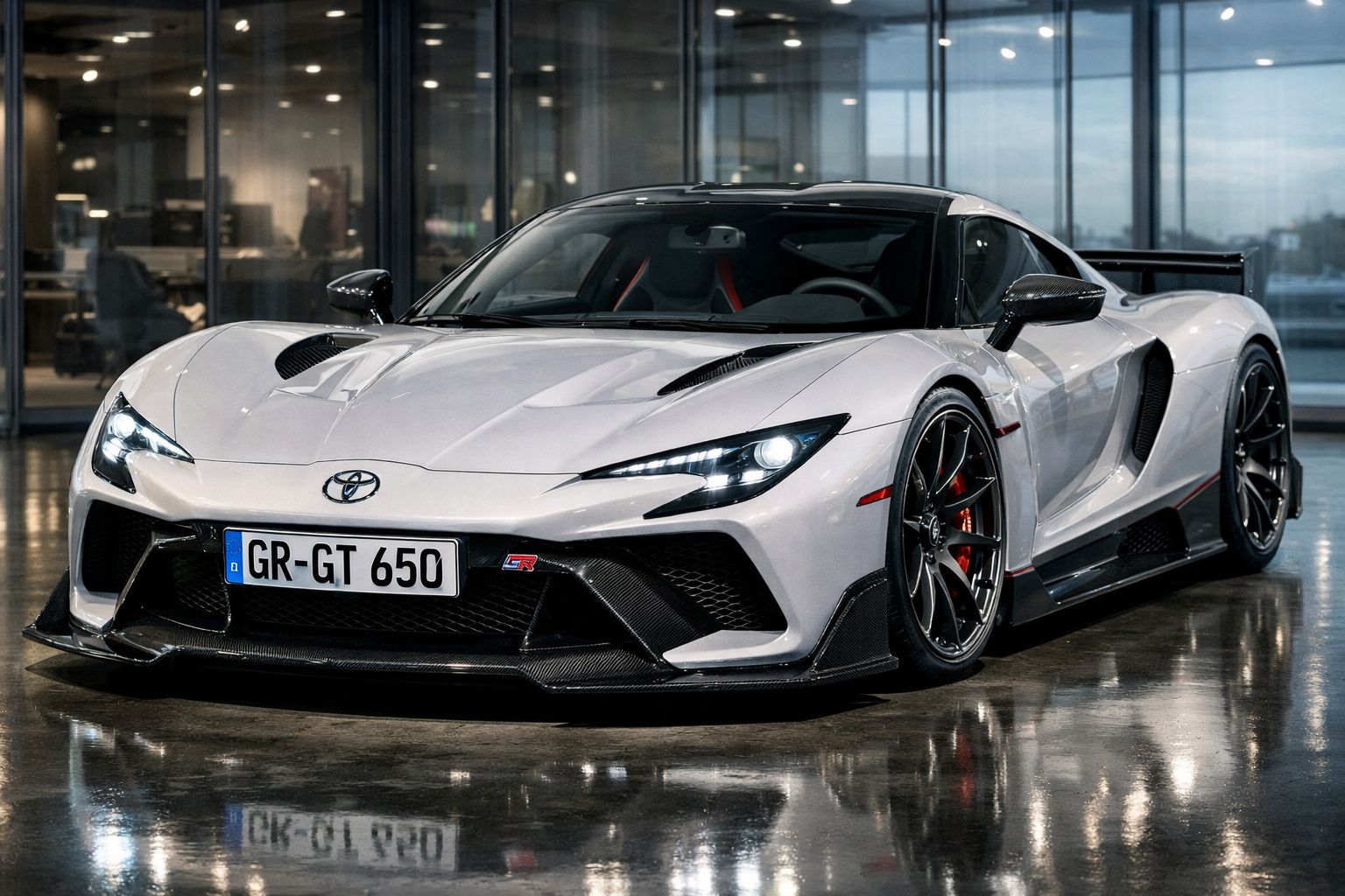 Carro desportivo Toyota GR GT 650 branco com pormenores em preto num piso interior refletivo.