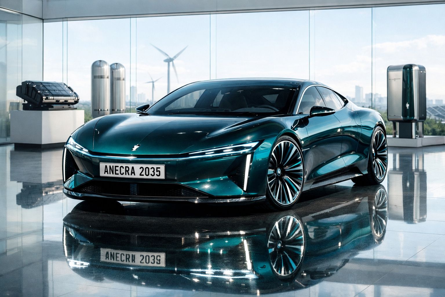 Carro desportivo elétrico verde petróleo com design futurista em showroom luminoso com turbinas ao fundo.