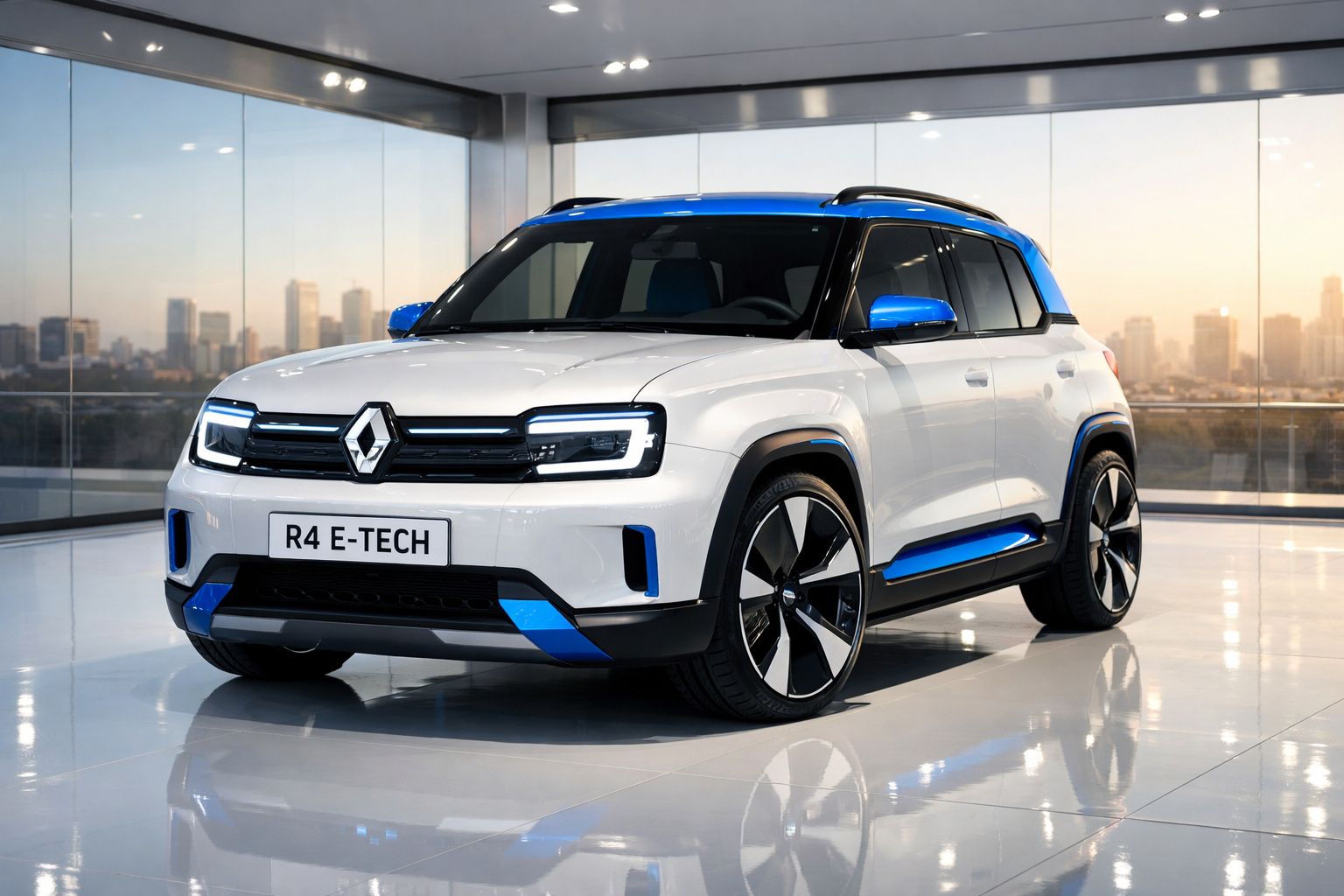 Automóvel branco Renault R4 E-TECH com detalhes azuis estacionado em espaço interior moderno e iluminado.