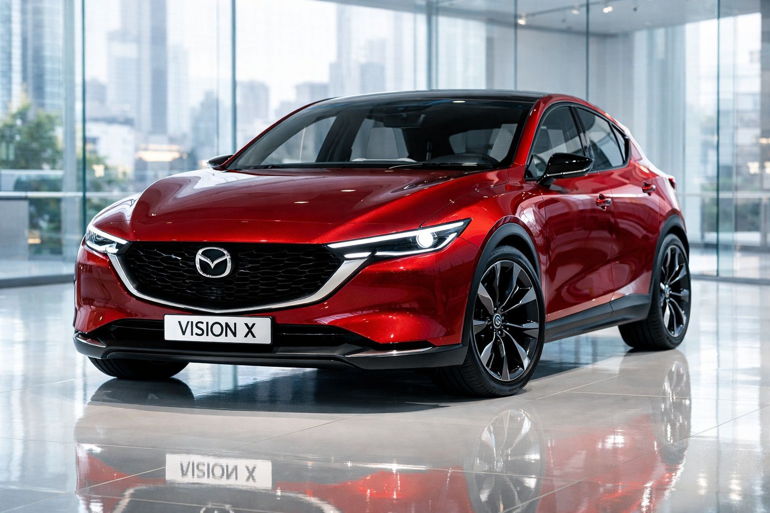Carro Mazda Vision X vermelho brilhante estacionado em espaço interior moderno com janelas panorâmicas.