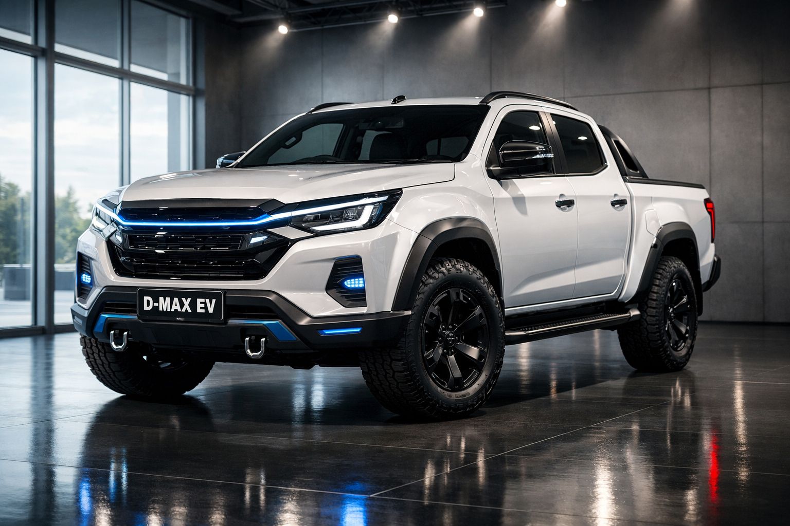 Picape elétrica branca D-MAX EV estacionada em ambiente interior moderno e minimalista.