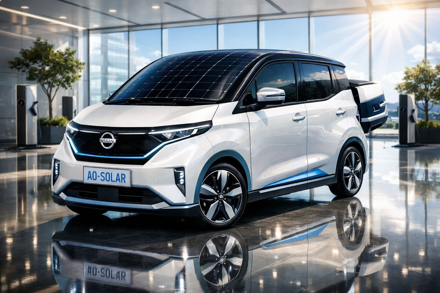 Carro elétrico branco Nissan com painéis solares no tejadilho, estacionado num espaço moderno e iluminado.