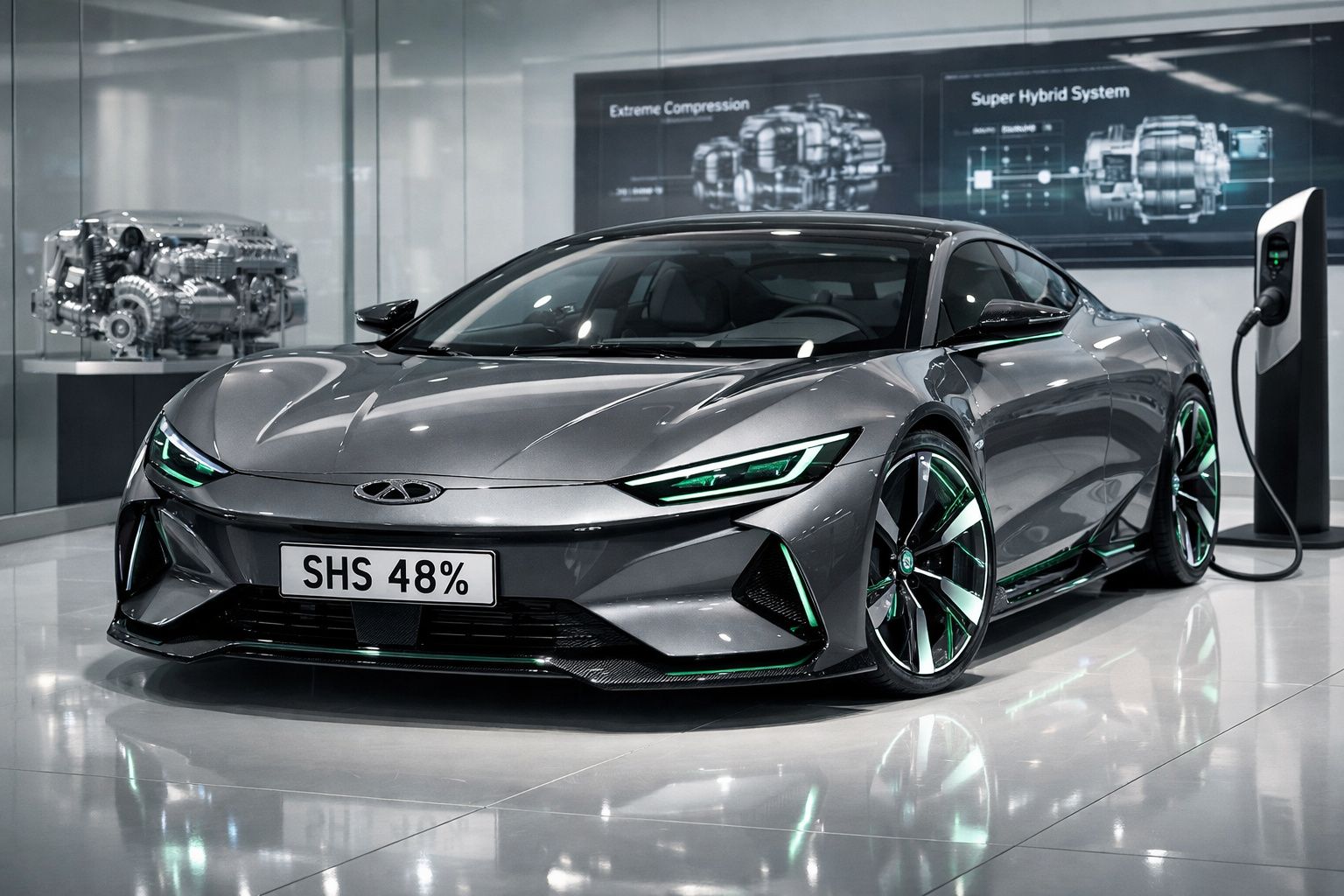 Carro desportivo elétrico cinzento ligado a uma estação de carregamento num showroom moderno.