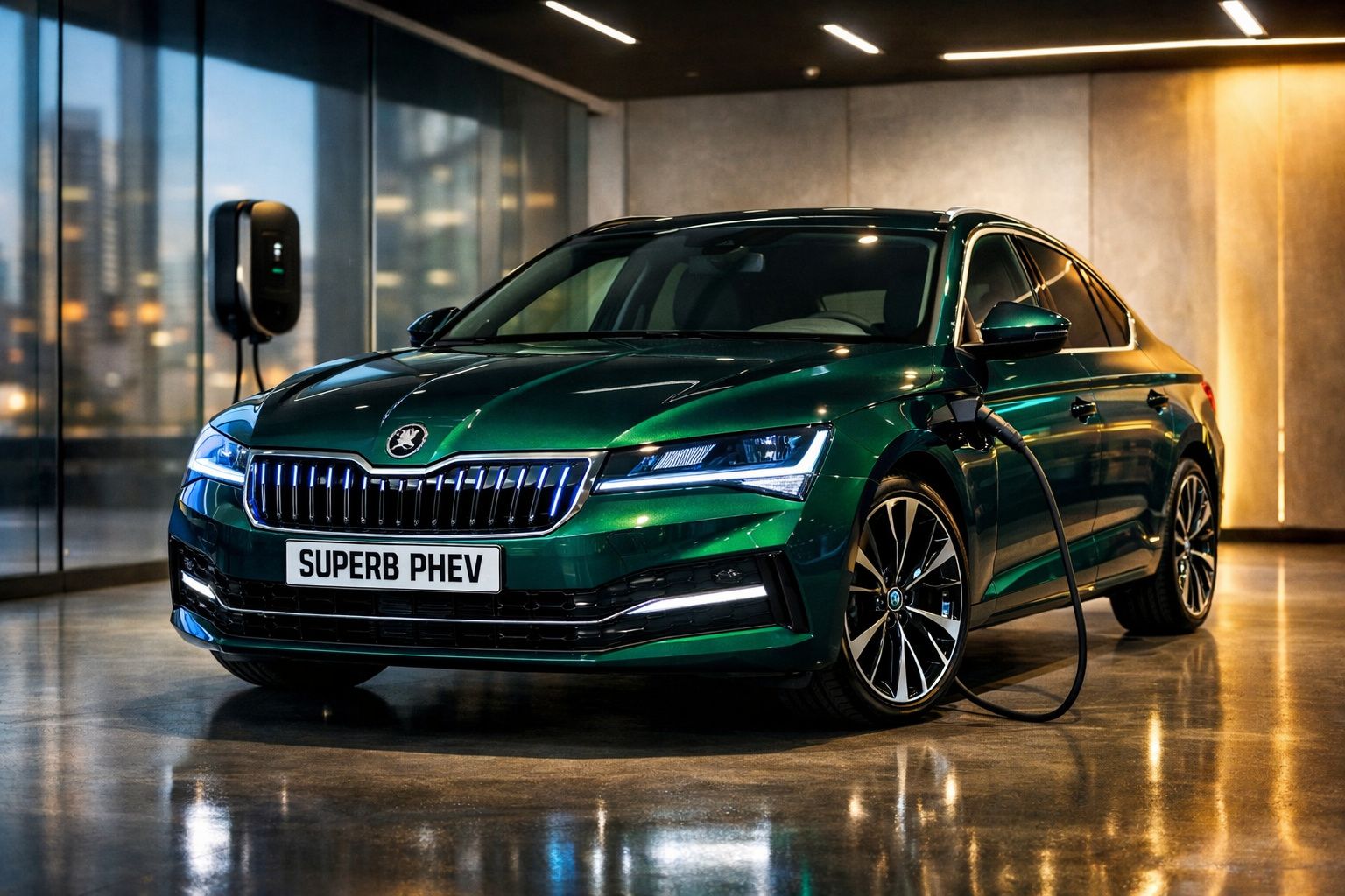 Carro elétrico verde Skoda Superb PHEV a carregar numa estação de carregamento interior moderna.