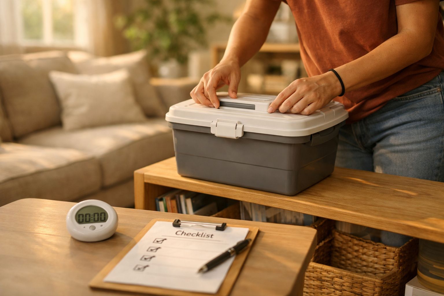 Pessoa a fechar um contentor cinzento com tampa branca numa sala com lista de verificação e cronómetro na mesa.