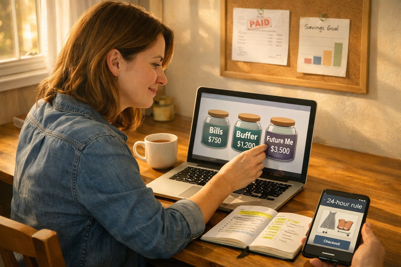 Mulher a gerir finanças pessoais no computador com três frascos virtuais de poupança e café na mesa.