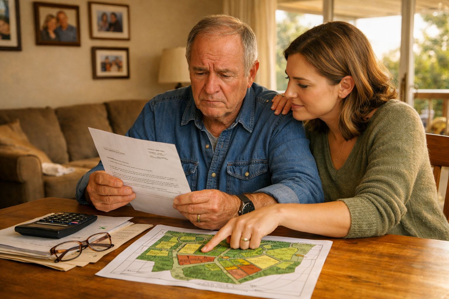 Homem idoso e mulher a analisar documentos e mapa com zonas coloridas numa mesa em casa.