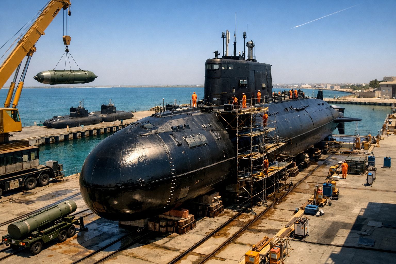 Submarino preto em doca seca com trabalhadores e guindaste a levantar torpedo junto ao mar.