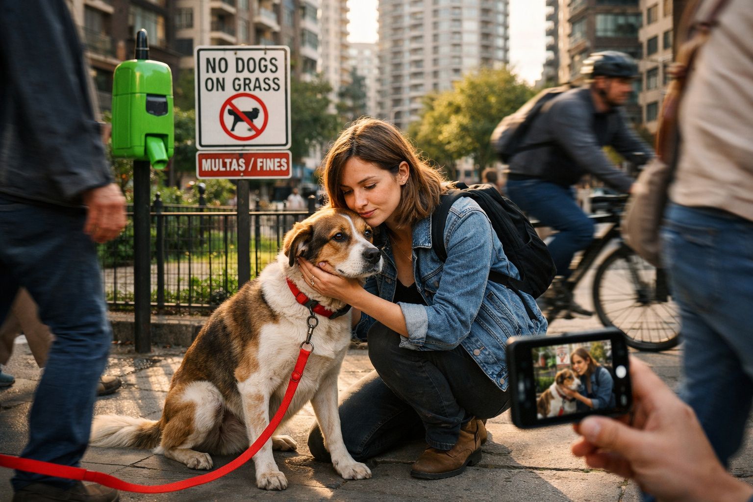 Mulher abraça cão sentado junto a placa que proíbe cães na relva, enquanto outra pessoa fotografa com telemóvel.