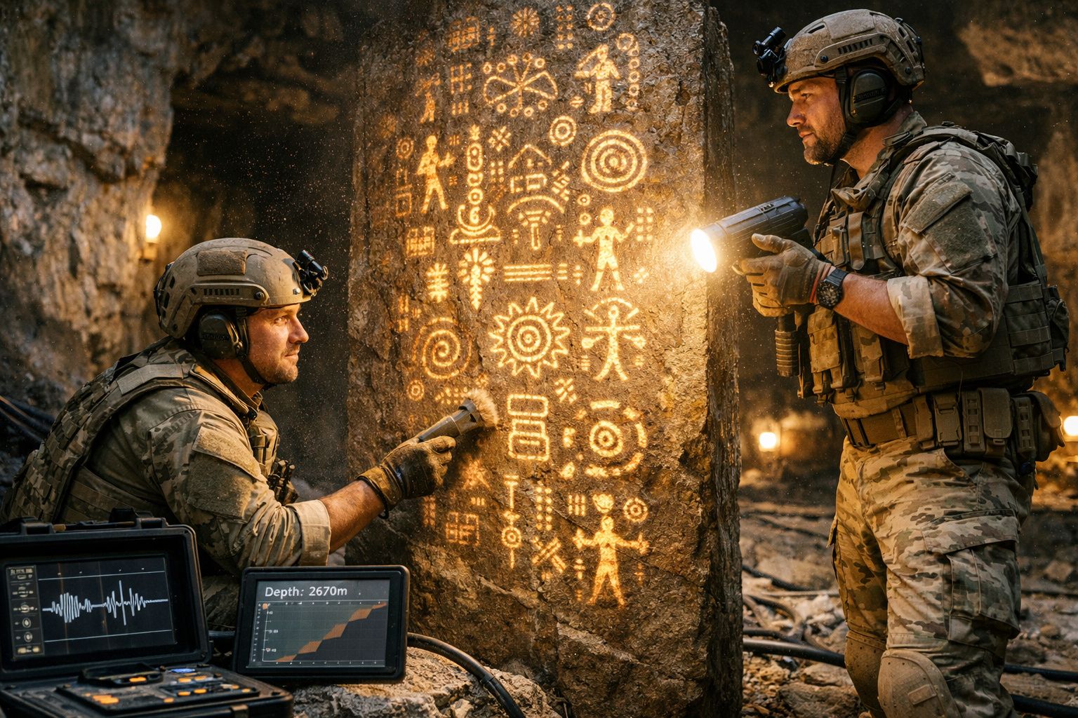 Dois soldados com equipamento tático exploram uma pedra com símbolos antigos iluminados numa caverna.