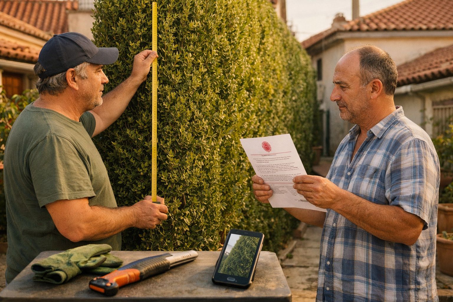 Dois homens a medir e analisar um arbusto num jardim, com ferramentas e um documento visível.