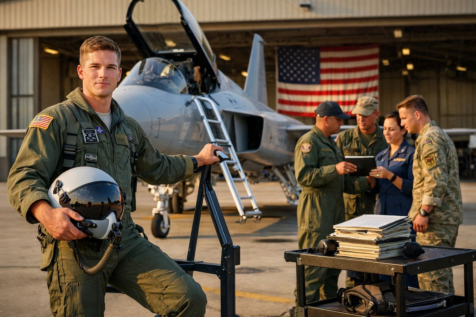 Piloto militar com fato de voo e capacete posa junto a jato em hangar, enquanto grupo de militares revisa documentos.
