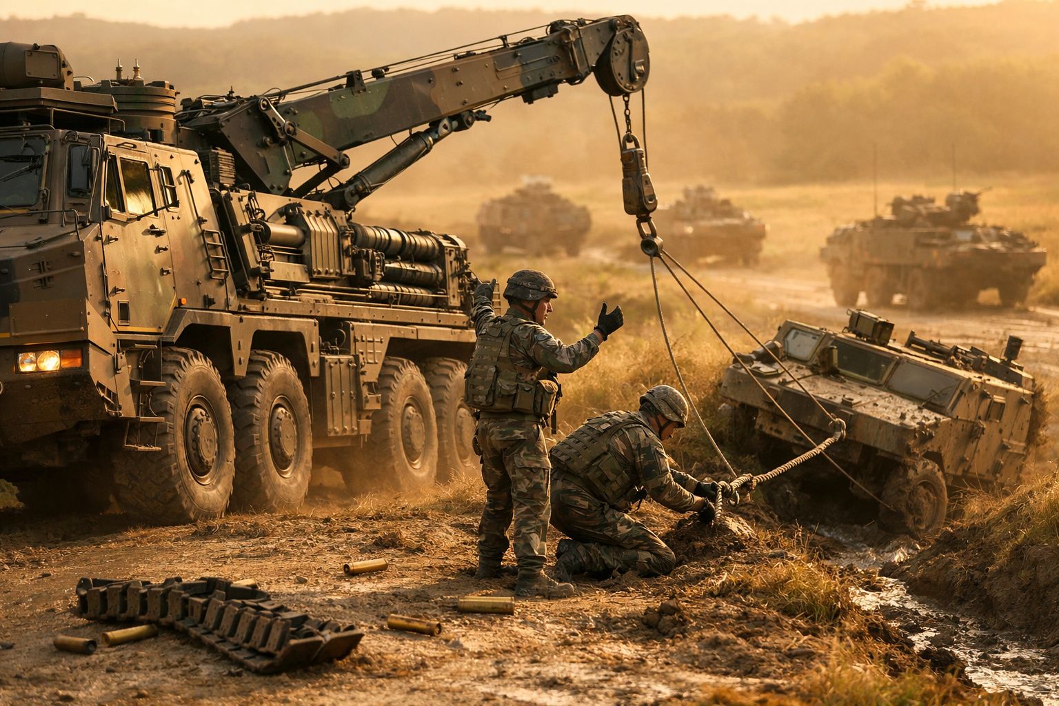 Dois soldados militares a guiar reboque de veículo blindado preso numa vala durante operação de resgate.