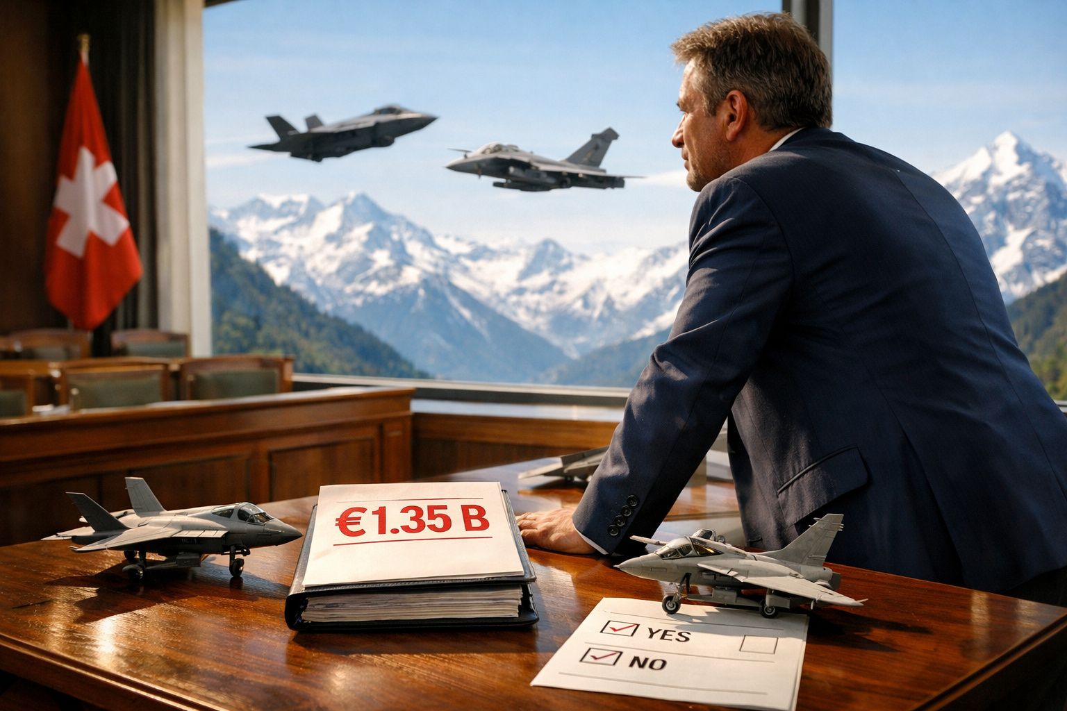 Homem de fato observa jatos militares voando, com bandeira suíça e montanhas ao fundo, €1.35B em documento na mesa.