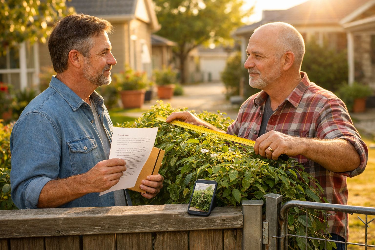 Dois homens a medir uma sebe num jardim, um com uma fita métrica e outro com documentos na mão.