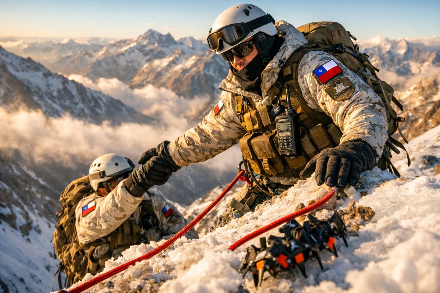 Dois soldados com uniformes camuflados ajudam-se durante escalada numa montanha nevada ao pôr do sol.