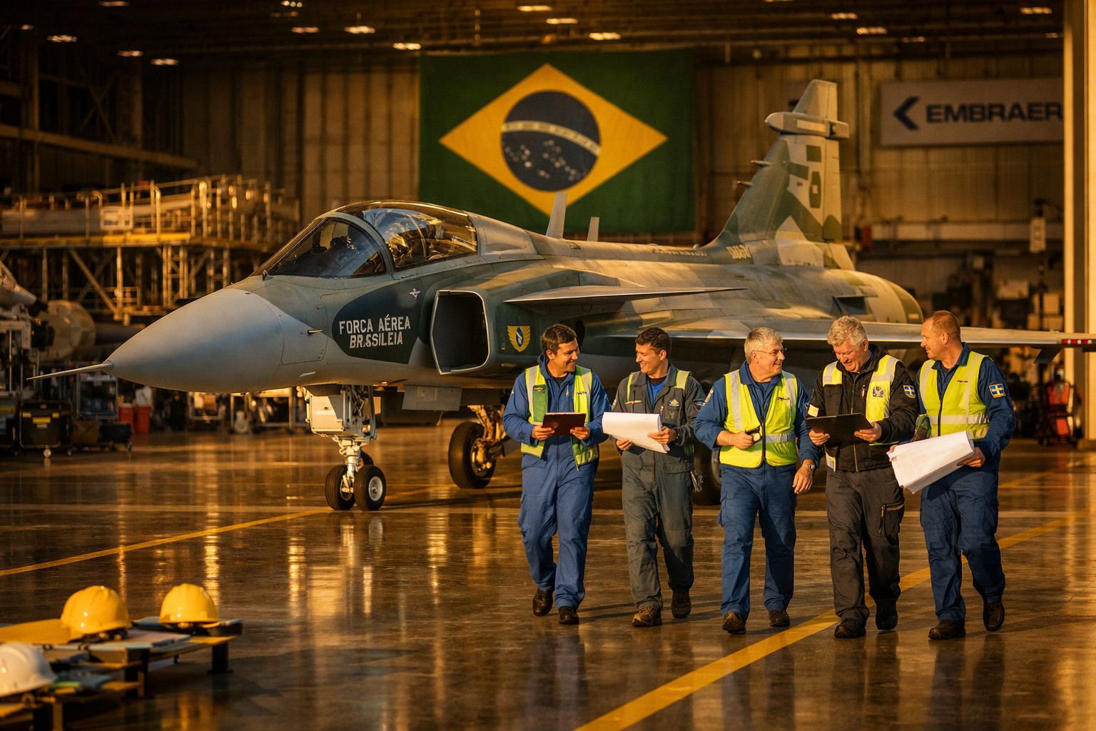 Avião militar brasileiro numa hangar com cinco técnicos vestindo macacões e coletes refletivos a caminhar.