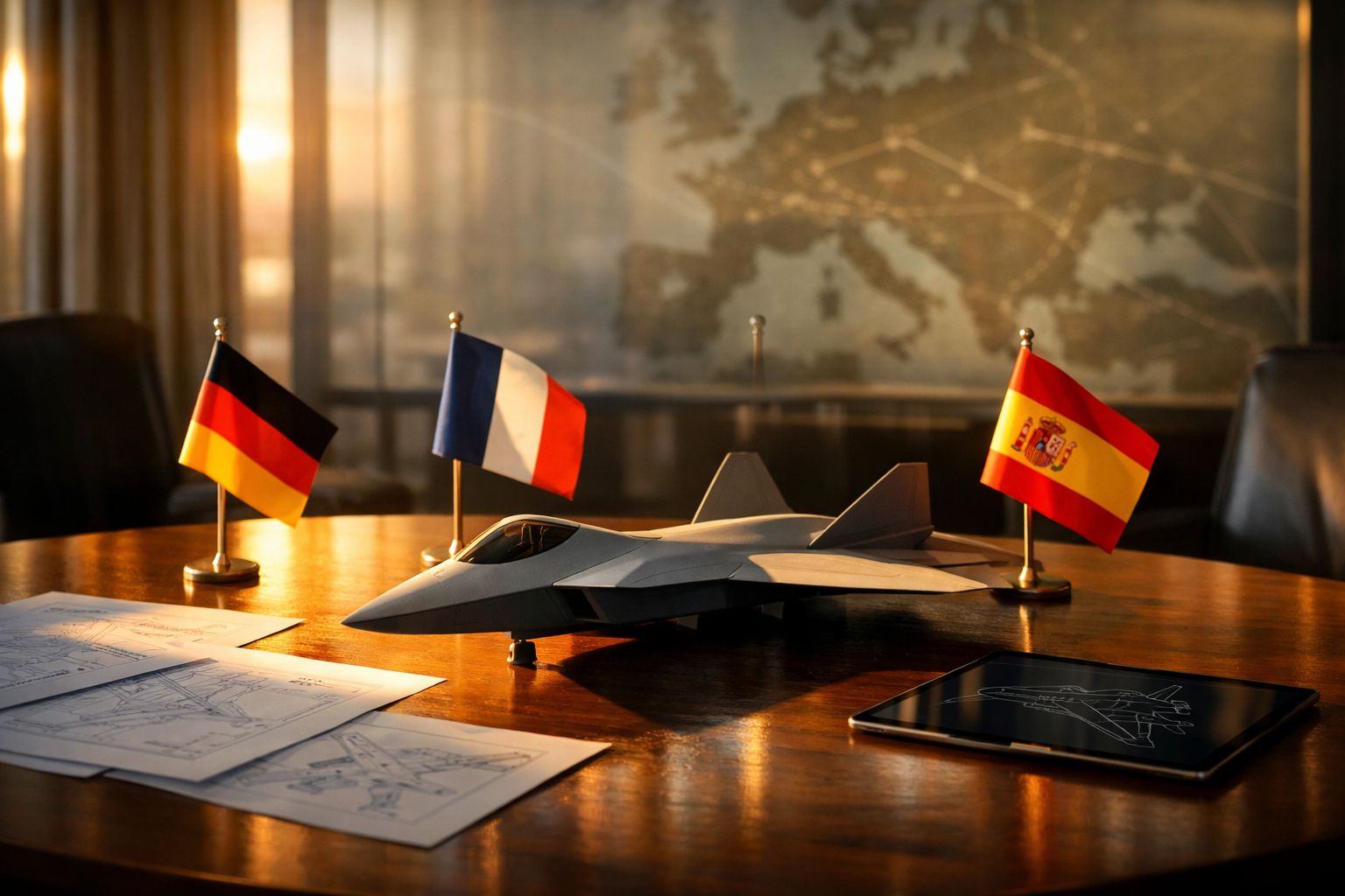 Modelo de caça furtivo num escritório com bandeiras da Alemanha, França e Espanha e plantas técnicas sobre a mesa.