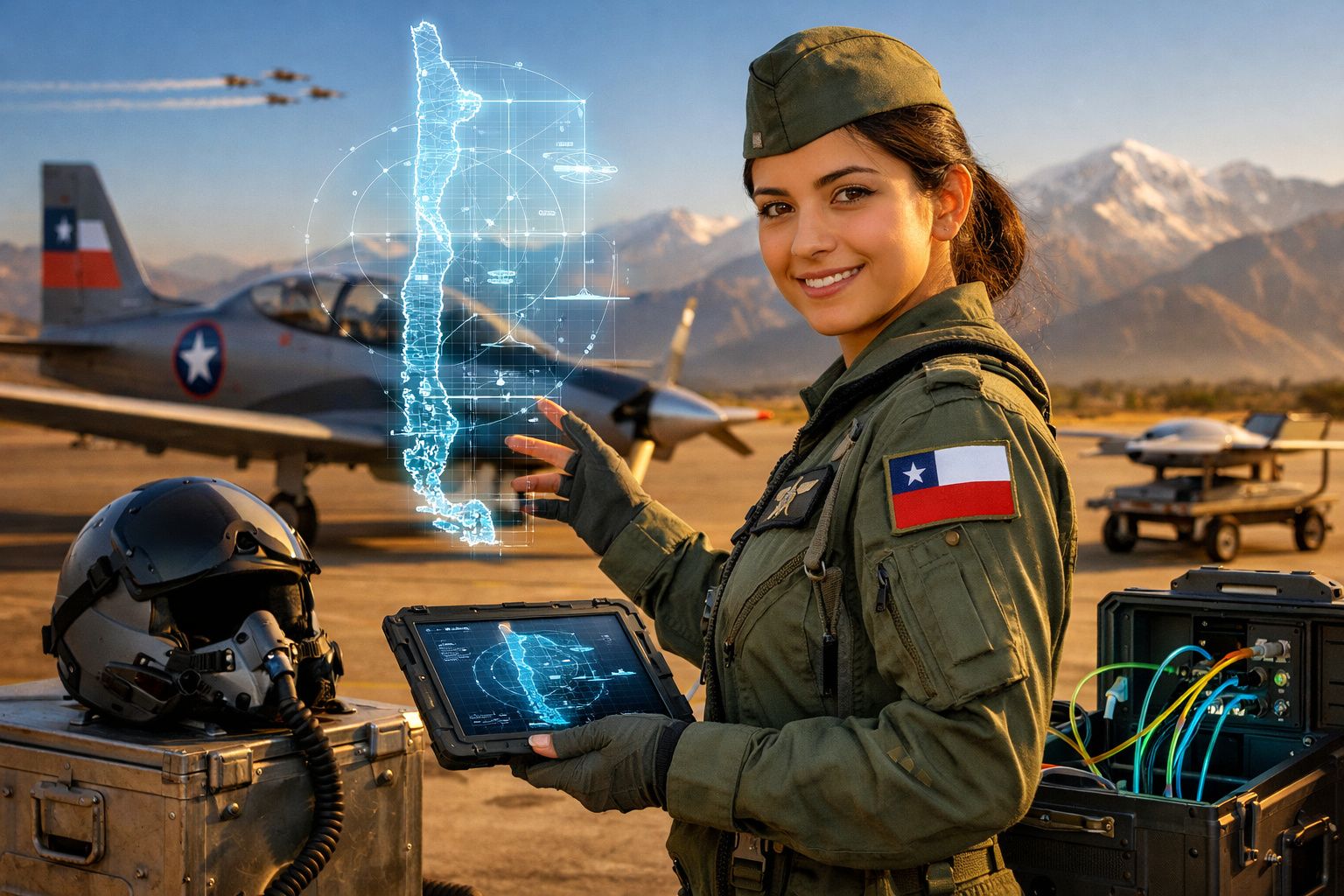 Jovem piloto feminina com uniforme militar diante de avião e tecnologia digital ao ar livre.