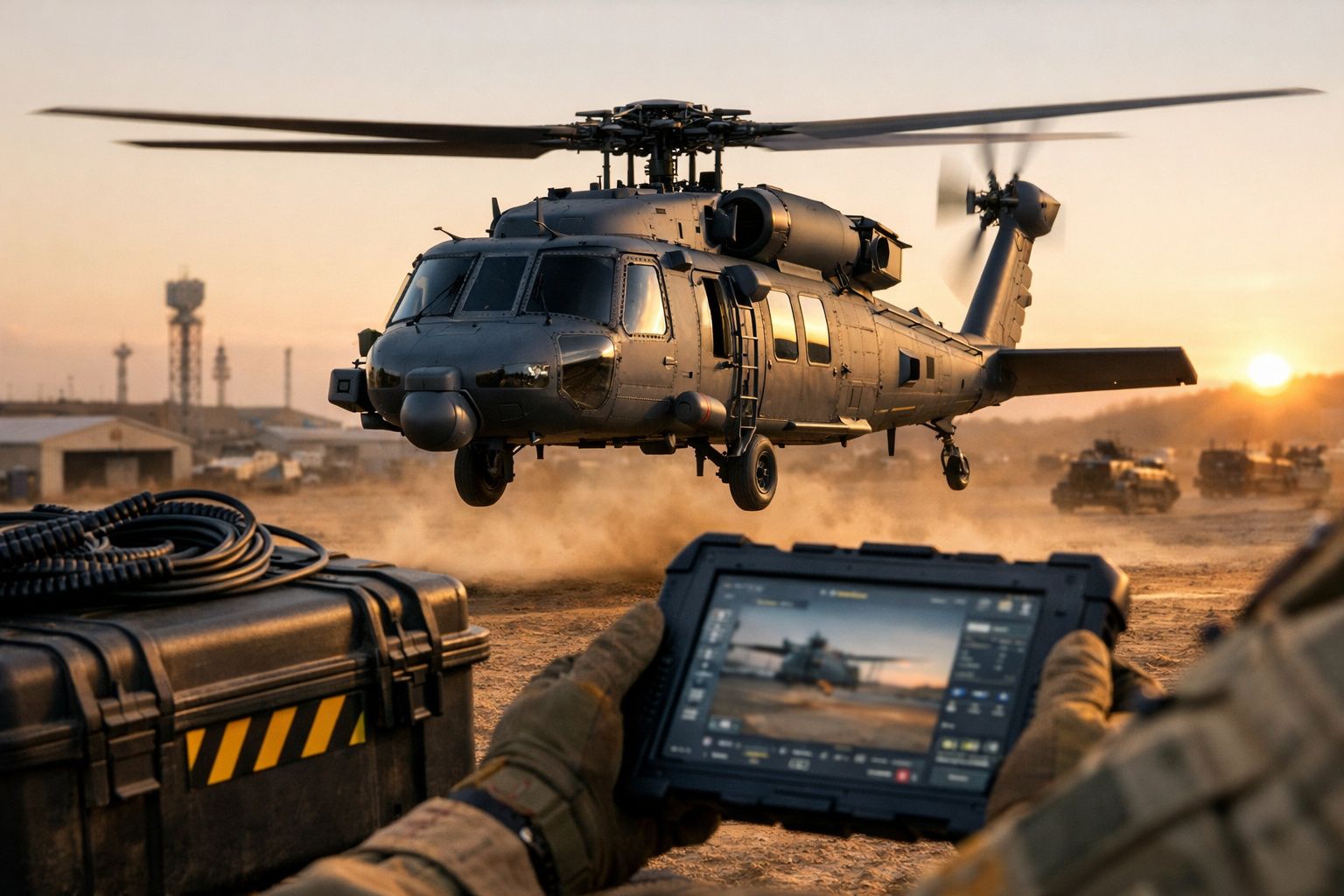 Helicóptero militar a levantar voo ao entardecer com operador a monitorizar em tablet resistente.