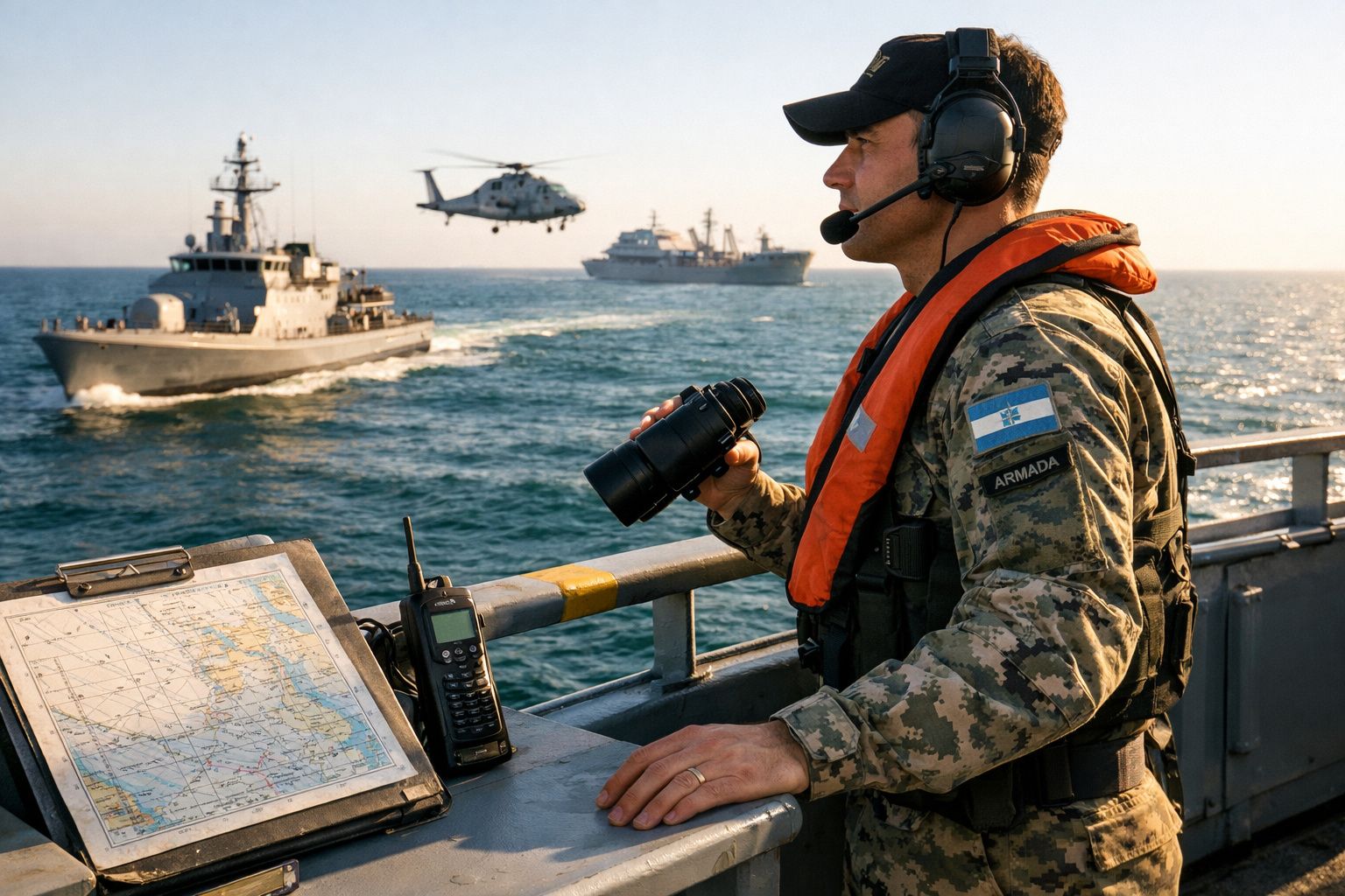 Marinheiro com binóculos e auriculares observa a frota naval com helicóptero e barcos no mar durante o pôr do sol.