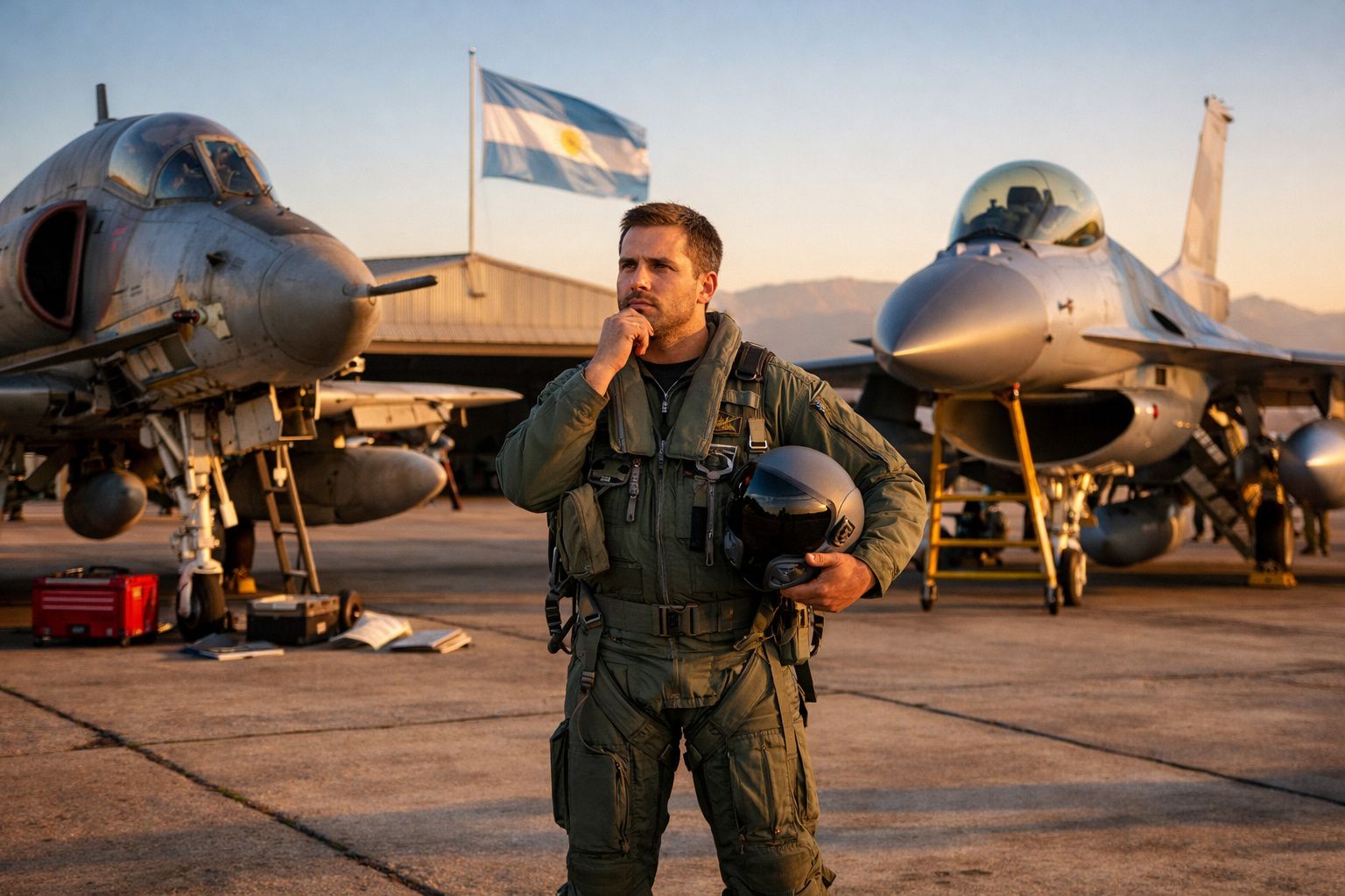 Piloto de caça em fato de voo, segurando capacete, entre dois aviões militares no aeroporto com bandeira da Argentina ao fund
