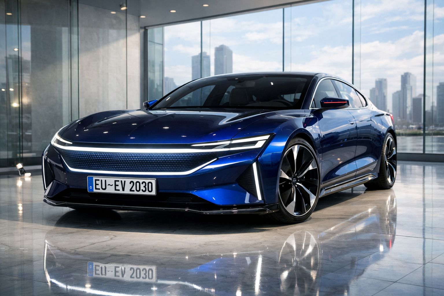 Carro elétrico desportivo azul num showroom moderno com janelas amplas e vista urbana ao fundo.