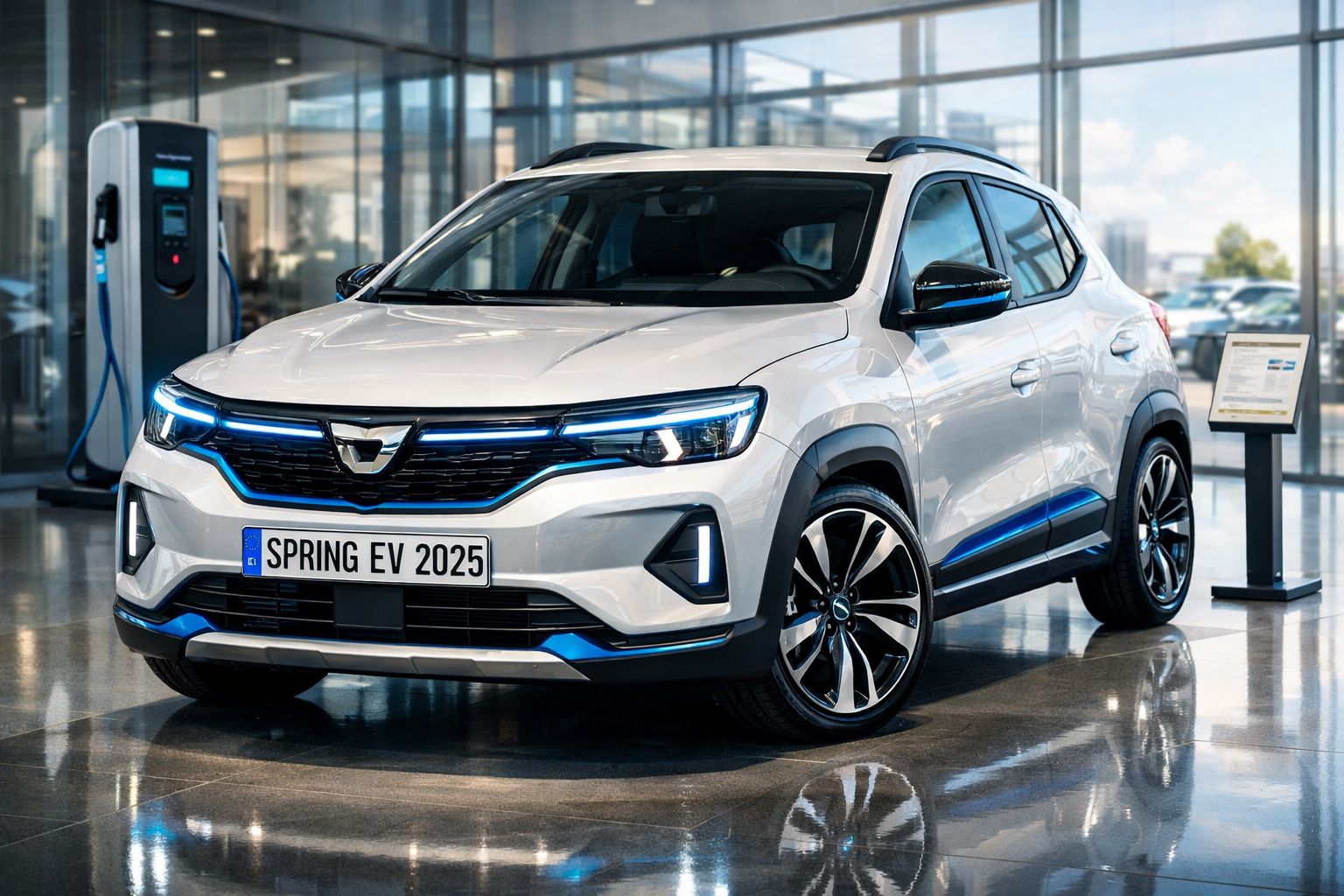 Carro elétrico branco Spring EV 2025 estacionado num espaço interior moderno com carregador ao fundo.