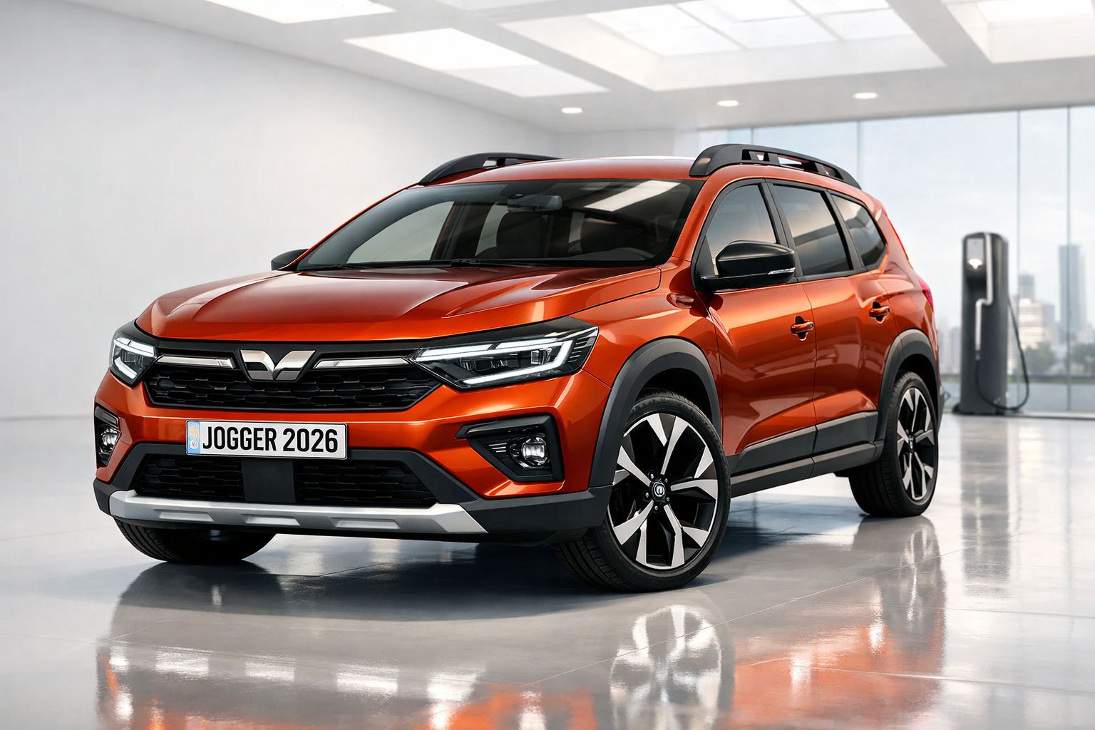 Carro SUV laranja 2026 estacionado em espaço interior moderno com janelas amplas.