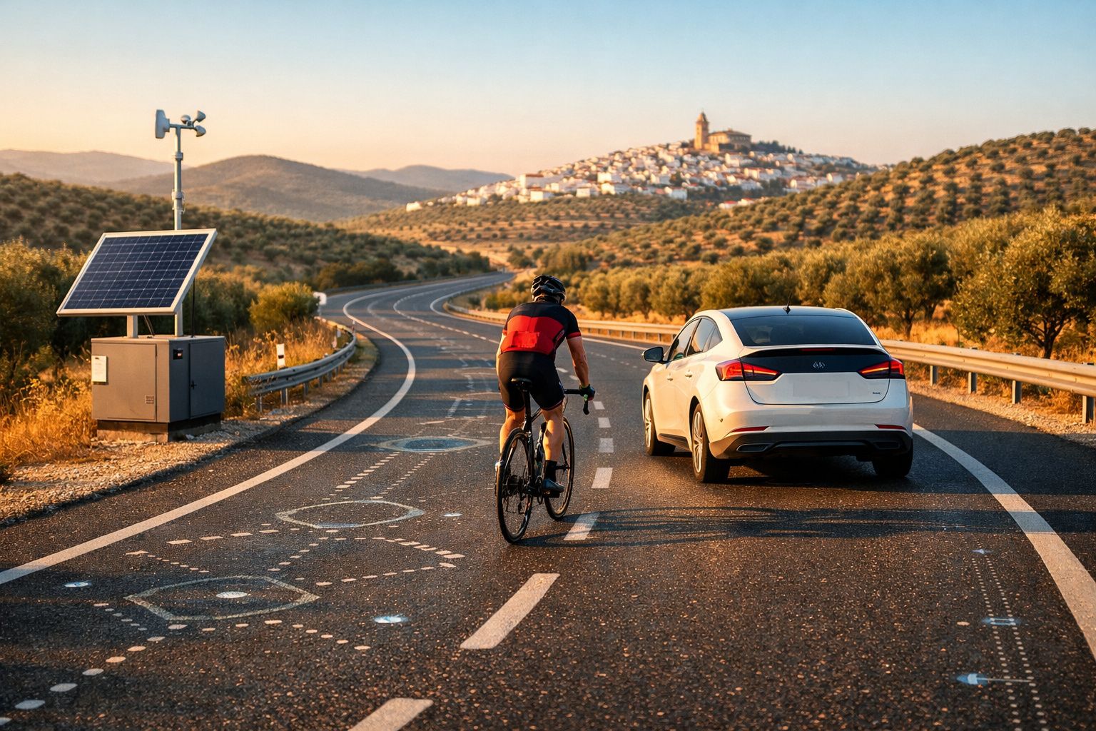 Estrada rural com ciclista e carro, painéis solares e cidade ao longe sob luz dourada do pôr do sol.
