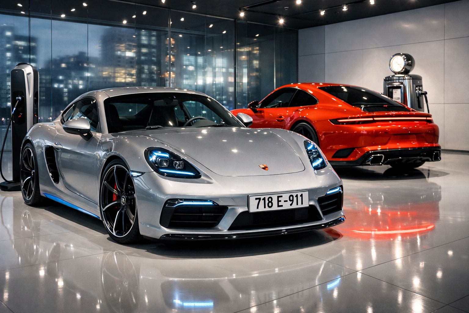 Dois carros desportivos Porsche em exposição num showroom moderno, um prateado e outro vermelho.