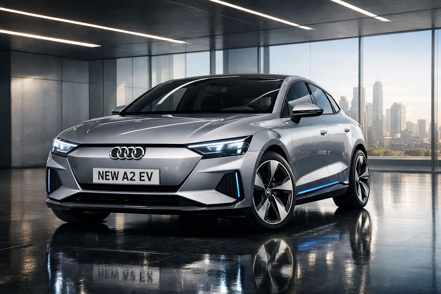 Carro elétrico Audi novo modelo A2 EV cinzento estacionado em espaço interior moderno com vista urbana.