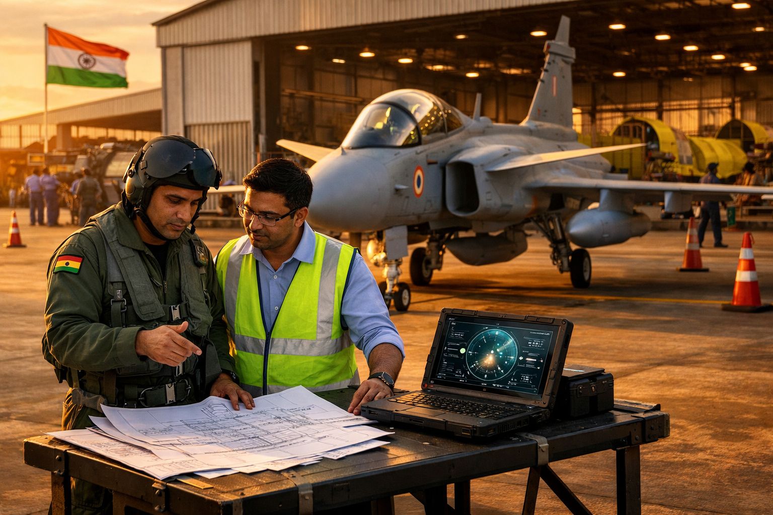 Dois homens com planos e portátil analisam dados num hangar com caça militar indiano ao fundo.
