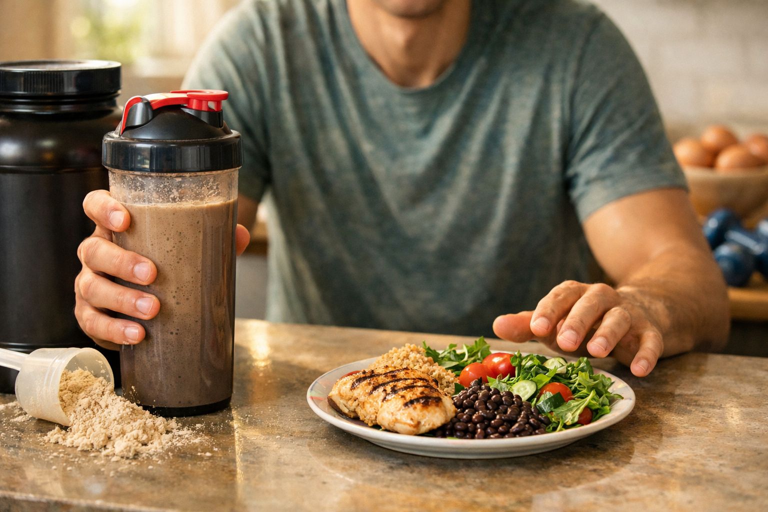 Homem com batido proteico na mão e prato com frango grelhado, feijão, salada e quinoa numa mesa.