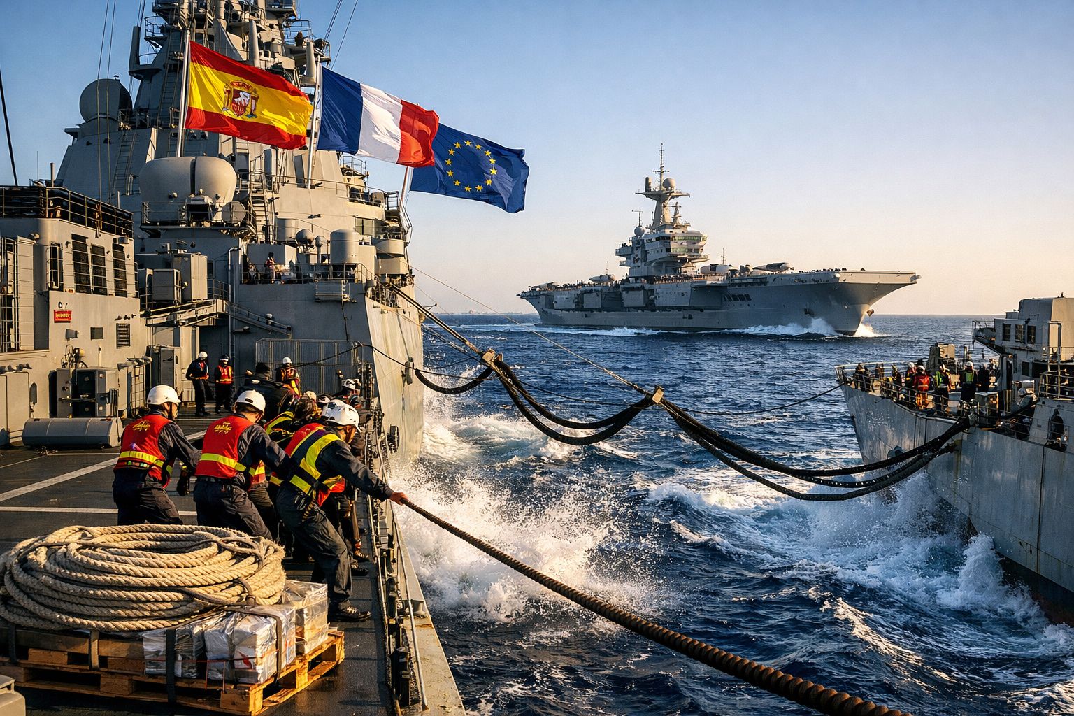 Marinha espanhola em operação de ligação entre dois navios com porta-aviões ao fundo ao pôr do sol.