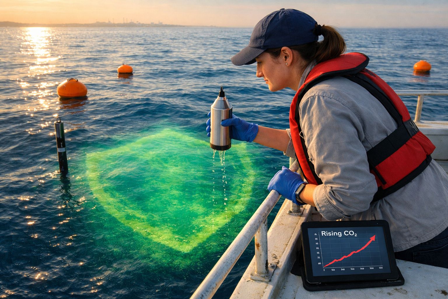 Mulher com colete salva-vidas recolhe amostra de água do mar durante pesquisa ambiental ao pôr do sol.