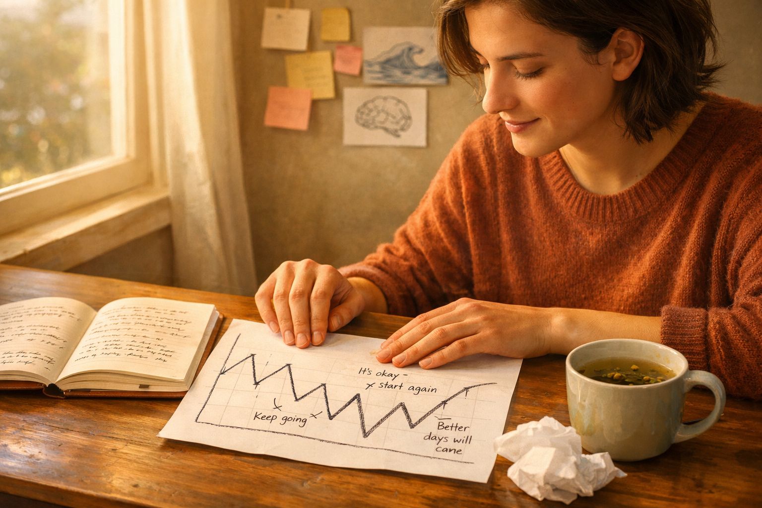 Pessoa a sorrir enquanto analisa gráfico ascendente com mensagens motivacionais numa mesa junto a um caderno e chá.
