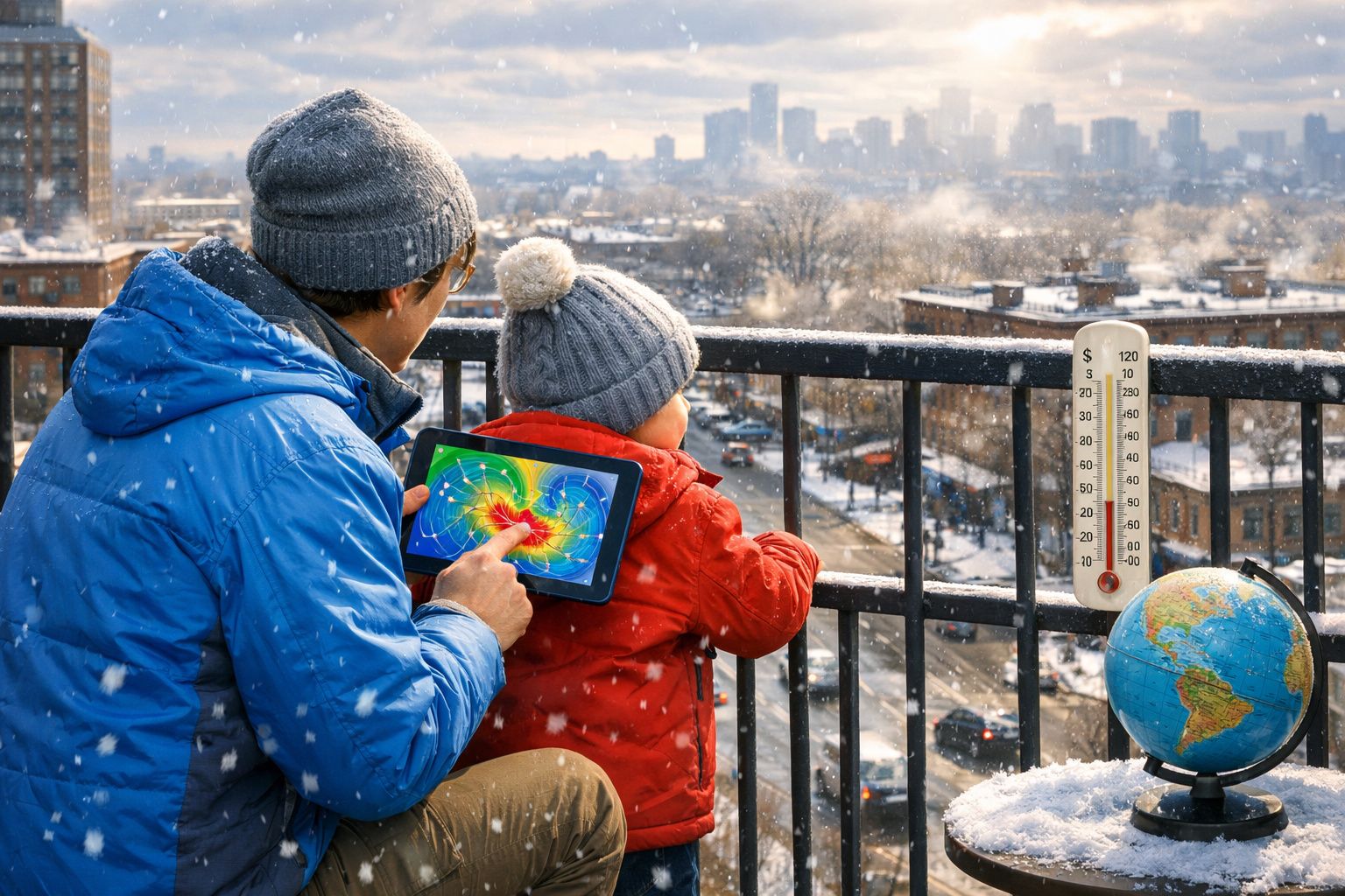 Pais e filho vestidos para o frio observam mapa climático num tablet numa varanda com neve e cidade ao fundo.