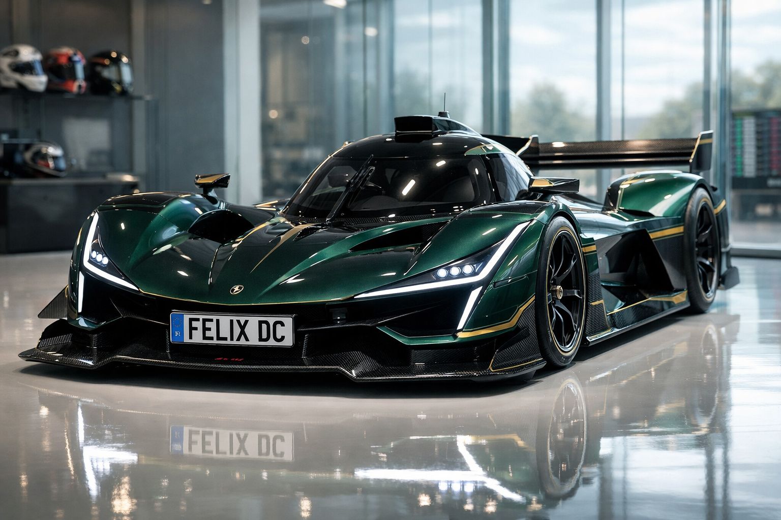 Carro desportivo verde escuro com design aerodinâmico e faróis LED, estacionado em piso polido interior.