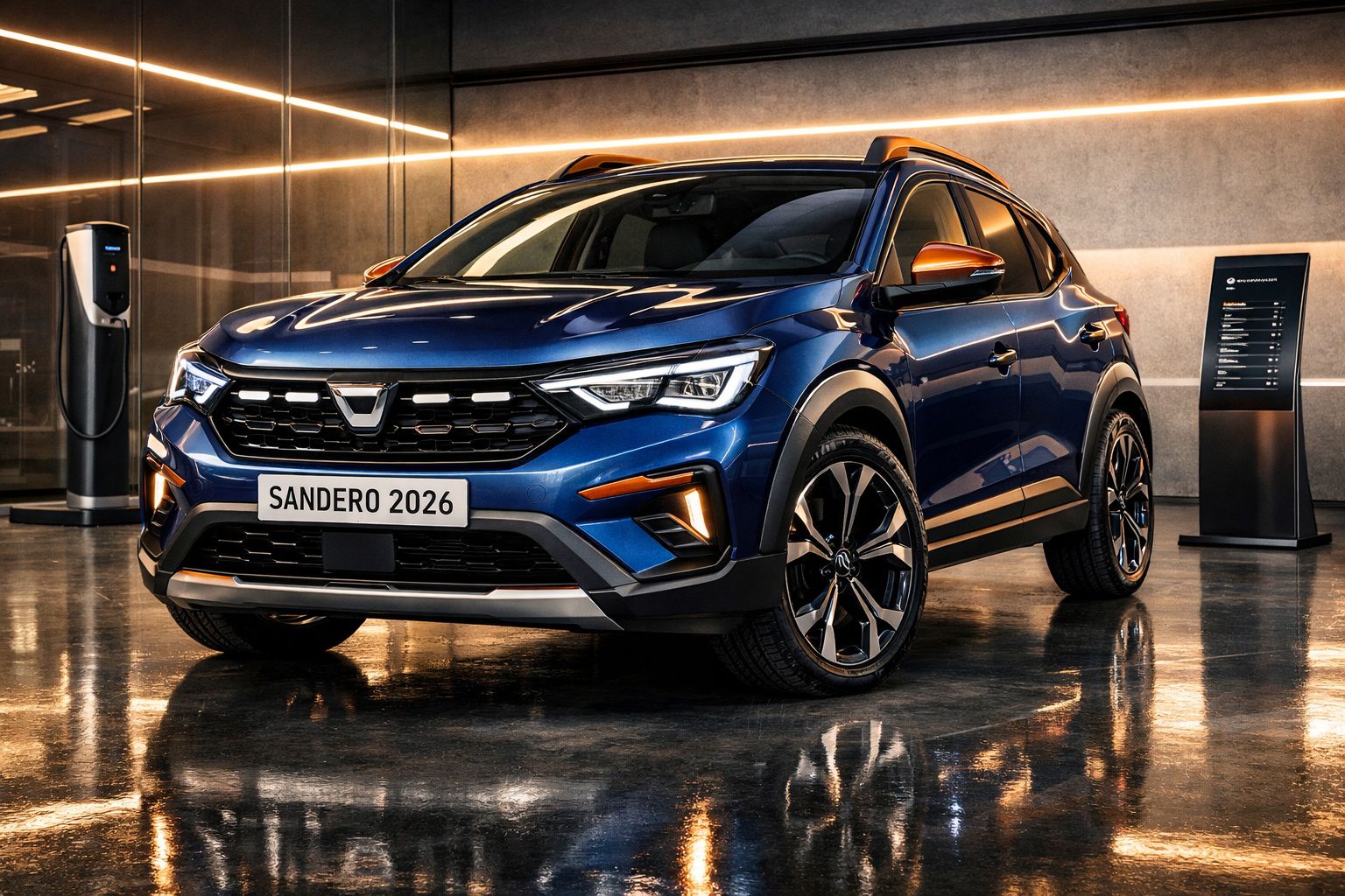 Carro SUV azul Sandero 2026 estacionado em garagem com parede cinza e iluminação quente.